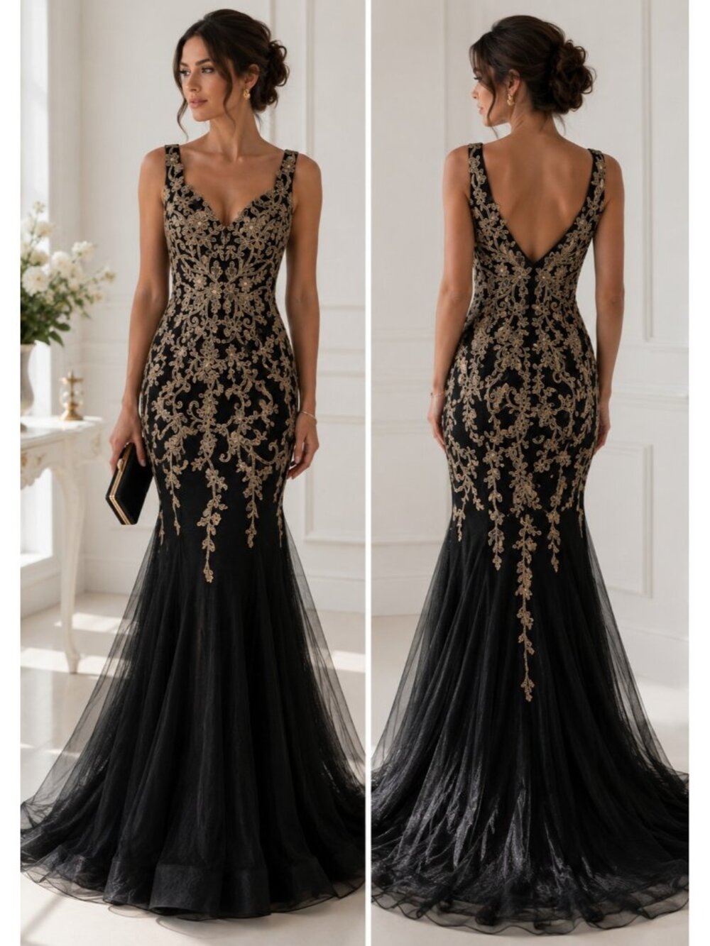 JVN by Jovani Black Gold Embroidered Mermaid Evening Gown Prom Formal Dress 2 - Picture 1 of 15